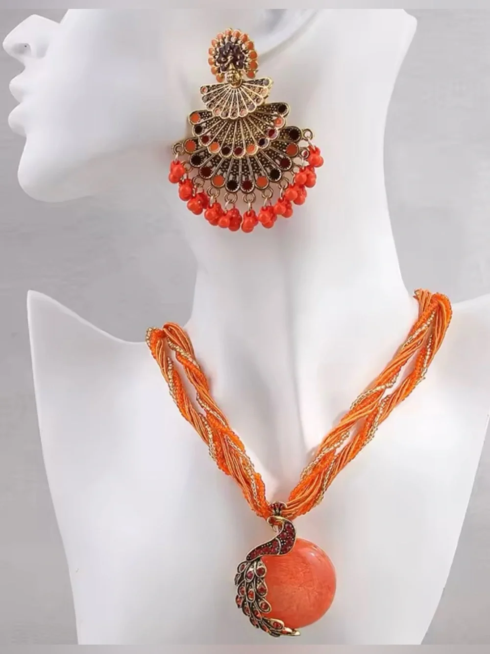 Orange Bead tassels peacock earrings + jade Pendant Necklace multi layer corded